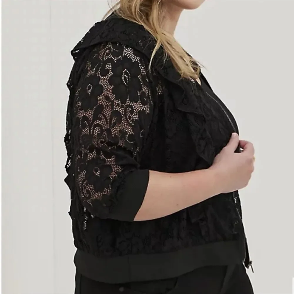 NWT Torrid Black Lace Ruffle Crop Bomber jacket - Picture 4 of 15